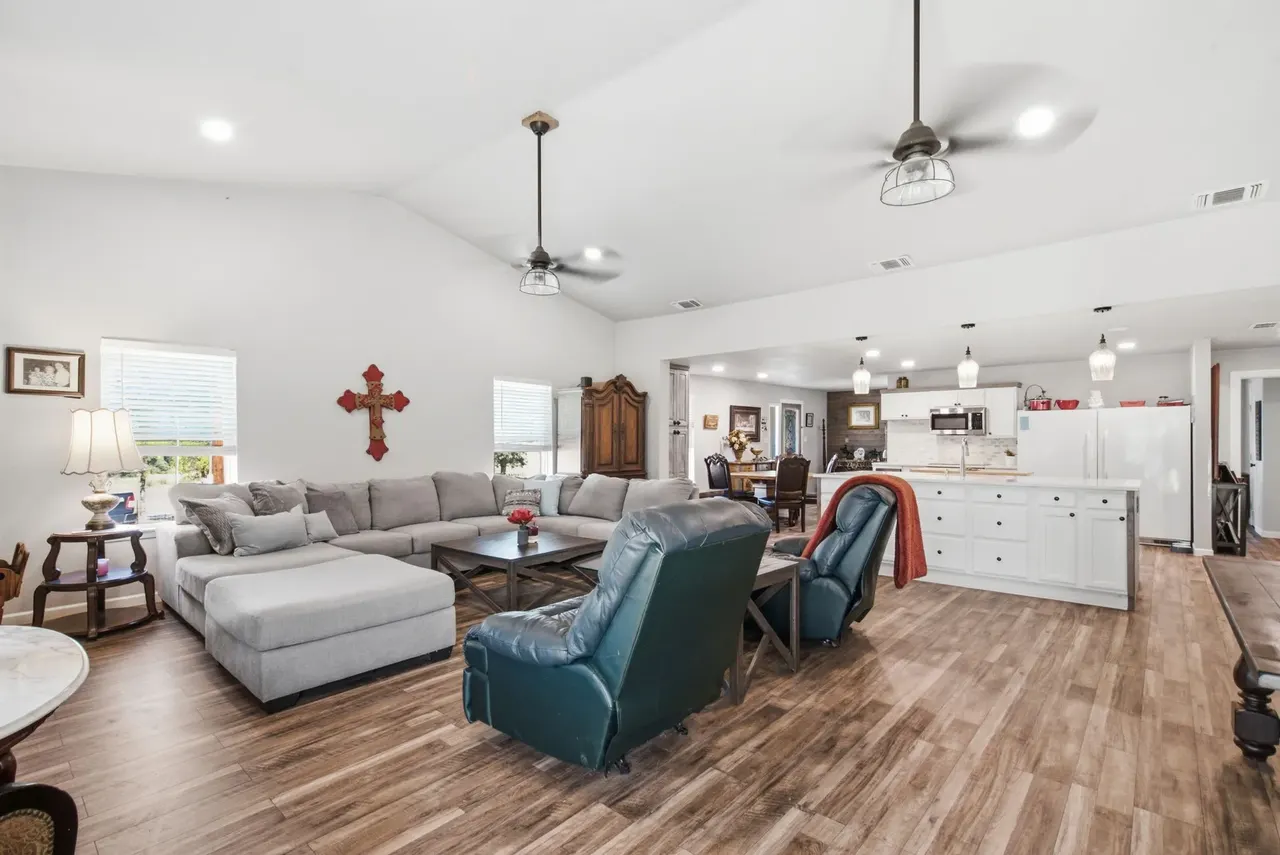 Great room looking from the sectional across to the kitchen island